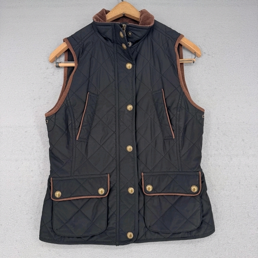 Ralph Lauren Black Quilted Equestrian Vest with Brown Corduroy Trim Preppy